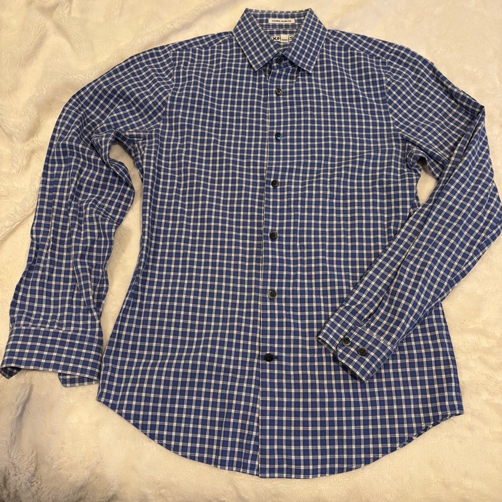 Express Men’s Extra Slim Fit Blue Gingham Button Up Shirt
